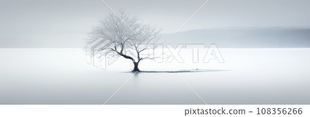 Lone tree on frozen lake background, minimalist landscape in winter. Peaceful nature in white. Concept of snow, art, beauty, minimalism, travel, tranquil, environment Lone tree on frozen lake background, minimalist landscape in winter. Peaceful nature in white. Concept of snow, art, beauty, minimalism, travel, tranquil, environment 108356266