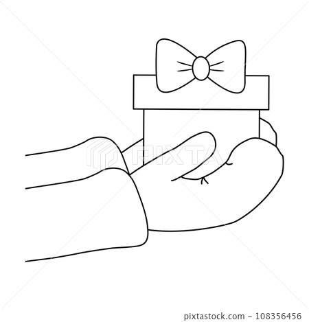 Hands in mitten holding gift box with bow, doodle style flat vector outline for coloring book 108356456