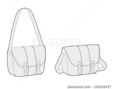 Courier Carryall Messenger Bag silhouette. Fashion accessory technical illustration. Vector satchel front 3-4 view 108356457