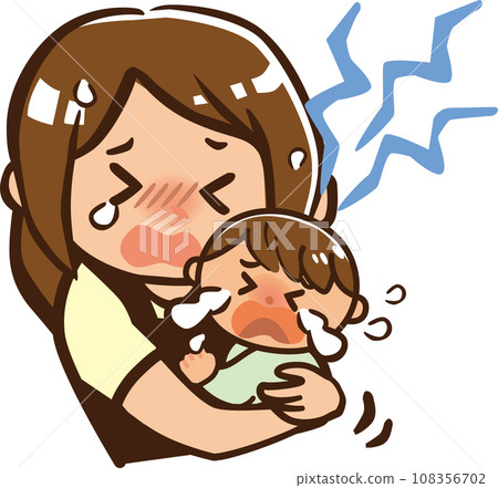 Illustration of an exhausted woman holding a baby who won't stop crying 108356702