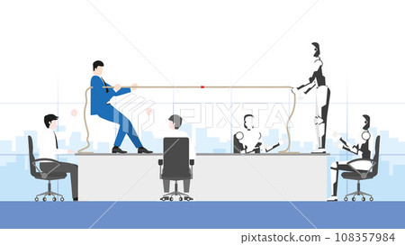 Business competition and cyber technology confrontation concept. A businessman and a robot fight tug of war in an office workplace 108357984