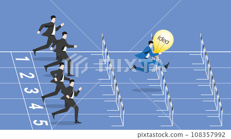 A leader businessman with a light bulb and opponents are compete run on a race track 108357992