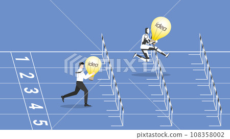 A businessman and a robot are competing with a light bulb. Human versus cyborg run on a racetrack A businessman and a robot are competing with a light bulb. Human versus cyborg run on a racetrack 108358002