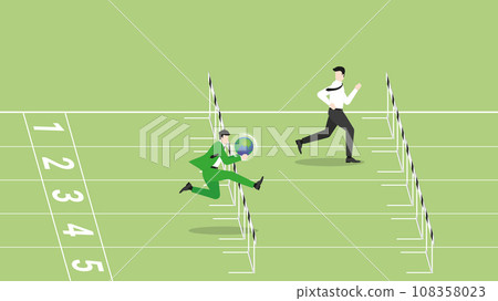 A businessman holds earth, runs on a race track, attention from leader rivalry. A businessman holds earth, runs on a race track, attention from leader rivalry. 108358023