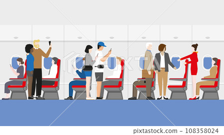 Travel, tourism, vacation, flight, airline business and high density tourist concept. Crowded passengers and cabin crew air hostess boarding in the aircraft cabin. Travel, tourism, vacation, flight, airline business and high density tourist concept. Crowded passengers and cabin crew air hostess boarding in the aircraft cabin. 108358024