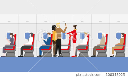 Travel, tourism, vacation, flight, airline business and high density tourist concept. Selfie passengers and cabin crew air hostess boarding in the aircraft cabin. 108358025