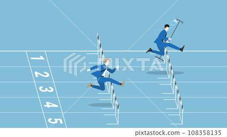 Businessman runs on race track by saline medical drip bag. Businessman runs on race track by saline medical drip bag. 108358135