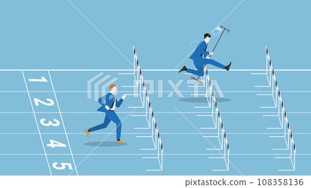 Businessman runs on race track by saline medical drip bag. Businessman runs on race track by saline medical drip bag. 108358136