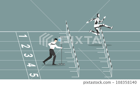 A faster robot leads a man saline medical drip bag. Business competition A faster robot leads a man saline medical drip bag. Business competition 108358140
