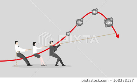 Business team pulls a rope to change a graph of CO2e direction. 108358157