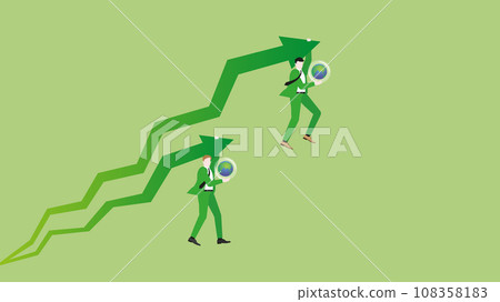 Businessmen hang a rising arrow with the earth. Businessmen hang a rising arrow with the earth. 108358183