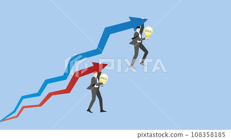 Businessmen hang a rising up arrow with light blub. Businessmen hang a rising up arrow with light blub. 108358185