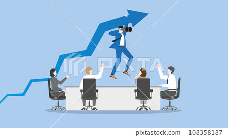 A boss hangs a rise blue arrow with a telescope at a teamwork meeting. A boss hangs a rise blue arrow with a telescope at a teamwork meeting. 108358187