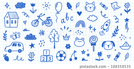 Children school, kindergarten vector doodle set. Cute daycare hand drawn flower, toy, animal elements. Childish cute preschool activity, education doodle background. Vector Children school, kindergarten vector doodle set. Cute daycare hand drawn flower, toy, animal elements. Childish cute preschool activity, education doodle background. Vector 108358535