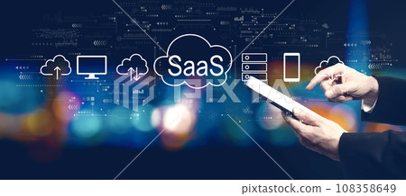 SaaS - software as a service concept with businessman using a tablet computer 108358649