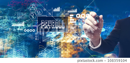 Payroll theme with businessman in a bokeh neon light trails city background Payroll theme with businessman in a bokeh neon light trails city background 108359104