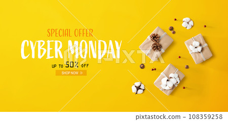Cyber Monday banner with gift boxes with cottons Cyber Monday banner with gift boxes with cottons 108359258