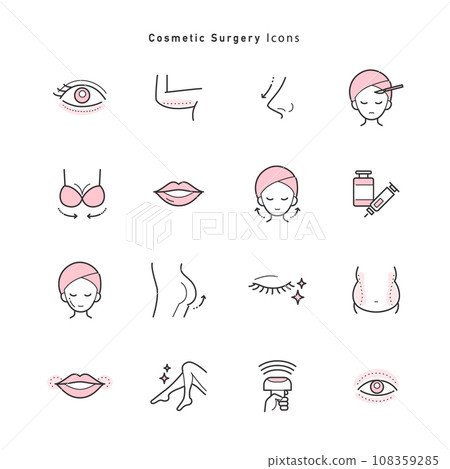 A set of icon illustrations related to cosmetic surgery, petit plastic surgery, and cosmetic surgery. 108359285