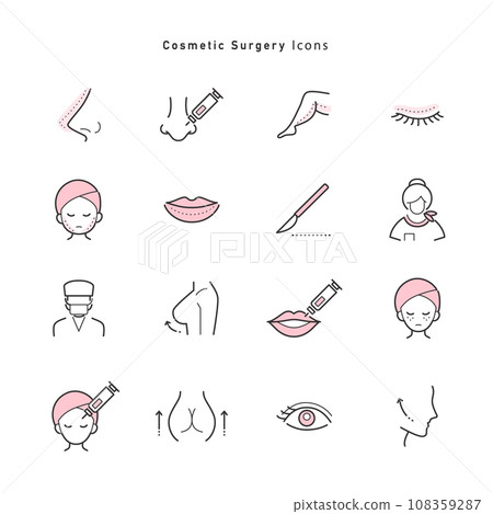 A set of icon illustrations related to cosmetic surgery, petit plastic surgery, and cosmetic surgery. 108359287