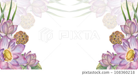 Elegant watercolor illustration with delicate pink lotus flowers and botanical beauty of water lily. frame. Space for text. Floral design elements perfect for wedding invitations; . greeting cards 108360218