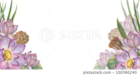 Elegant watercolor illustration with delicate pink lotus flowers and botanical beauty of water lily. frame. Space for text. Floral design elements perfect for wedding invitations; . greeting cards Elegant watercolor illustration with delicate pink lotus flowers and botanical beauty of water lily. frame. Space for text. Floral design elements perfect for wedding invitations; . greeting cards 108360240