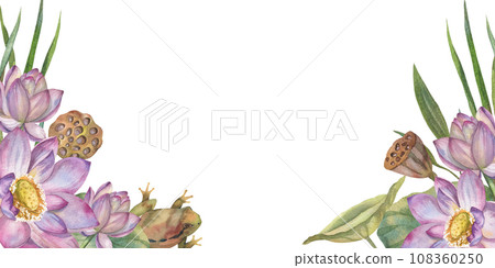 Elegant frame watercolor illustration with delicate pink lotus flowers and botanical beauty of water lily. Floral design elements, perfect for wedding invitations; . greeting cards, posters and prints Elegant frame watercolor illustration with delicate pink lotus flowers and botanical beauty of water lily. Floral design elements, perfect for wedding invitations; . greeting cards, posters and prints 108360250