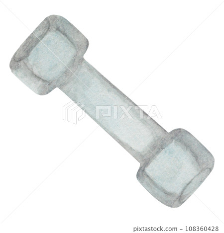 watercolor illustration of dumbbell for fitness room and workout. hand drawn on white background. metallic color. sports equipment for decoration 108360428