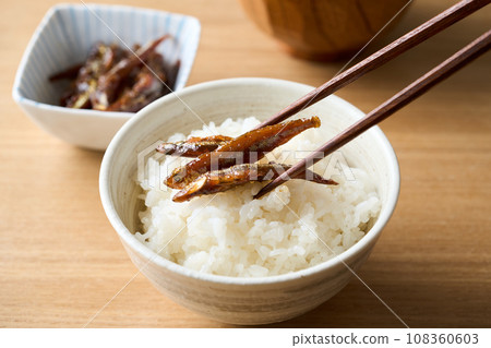 Wakasagi tsukudani served on rice 108360603