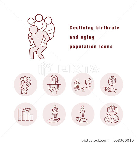 與少子老化以及少子化對策相關的圖標插圖組(圓形/彩色)。 與少子老化以及少子化對策相關的圖標插圖組(圓形/彩色)。 108360819