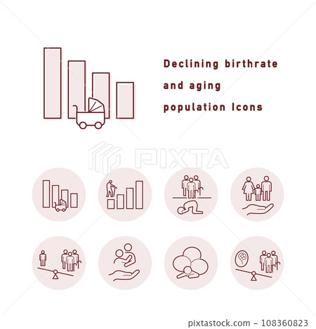 A set of icon illustrations (circular/color) related to the declining birthrate and aging population and countermeasures for the declining birthrate. 108360823