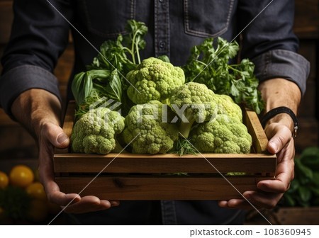Young farmer with freshly picked Broccoli in basket. Hand holding wooden box with vegetables in field. Fresh Organic Vegetables. AI Generative. 108360945