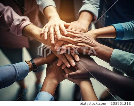 Diverse business people group put hands together in stack pile at training as concept of sales team corporate unity connection, teambuilding loyalty, support in teamwork, coaching, close up top view. 108361218