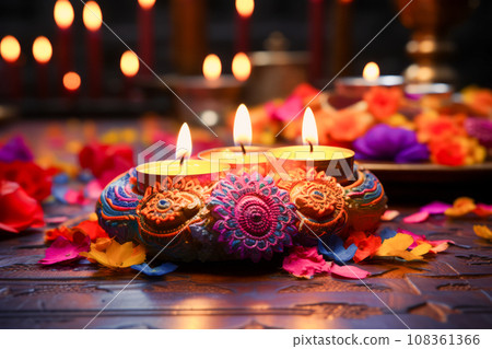 Diwali celebration, Burning candle in a bowl of water with flower petals. 108361366