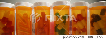 Orange plastic bottles with pills and cups put in row Orange plastic bottles with pills and cups put in row 108361722