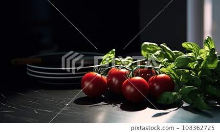 Modern black kitchen with fresh tomatoes and greens on the table. Modern black kitchen with fresh tomatoes and greens on the table. 108362725