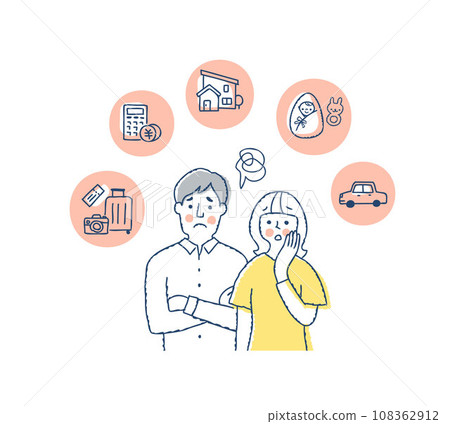 一對年輕夫婦表情困擾，生活方式項目圖標 108362912