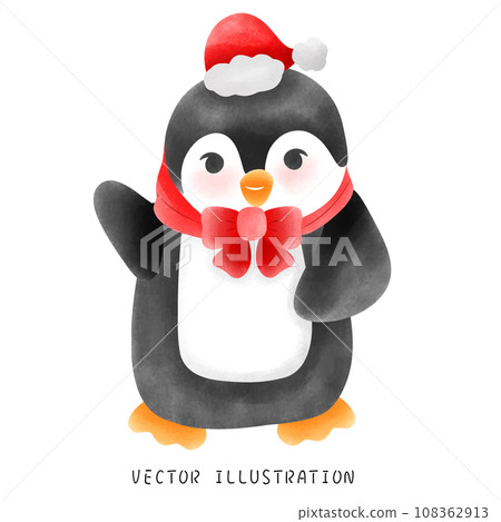 可爱的冬季企鹅戴着红色圍巾和帽子 108362913