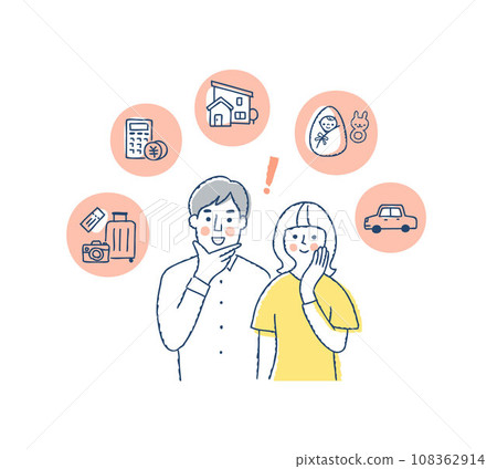 Smiling young couple and lifestyle items icons 108362914