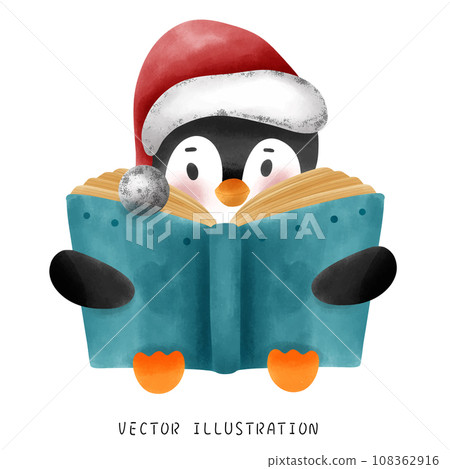 Cute penguin wearing red hat and scarf enjoying the atmosphere of reading story 108362916