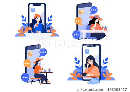 Hand Drawn Freelance female character sitting and working online In the concept of working online in flat style Hand Drawn Freelance female character sitting and working online In the concept of working online in flat style 108365457