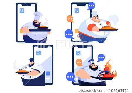 Hand Drawn Chef character teaching cooking in the concept of teaching online cooking in flat style Hand Drawn Chef character teaching cooking in the concept of teaching online cooking in flat style 108365461