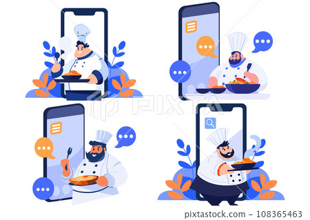Hand Drawn Chef character teaching cooking in the concept of teaching online cooking in flat style Hand Drawn Chef character teaching cooking in the concept of teaching online cooking in flat style 108365463