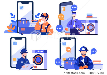 Hand Drawn Engineer or repairman character with smartphone in online repair concept in flat style 108365481