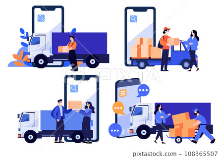 Hand Drawn Delivery man character with truck In the concept of online delivery in flat style Hand Drawn Delivery man character with truck In the concept of online delivery in flat style 108365507