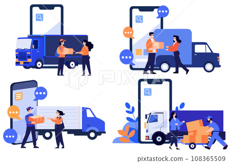 Hand Drawn Delivery man character with truck In the concept of online delivery in flat style 108365509