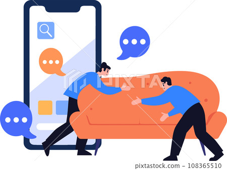 Hand Drawn Moving house mover with a smartphone in the concept of moving house online in flat style 108365510
