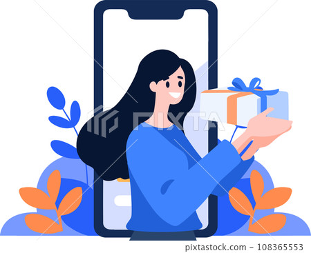 Hand Drawn Female character holding a gift with smartphone in online shopping concept in flat style 108365553