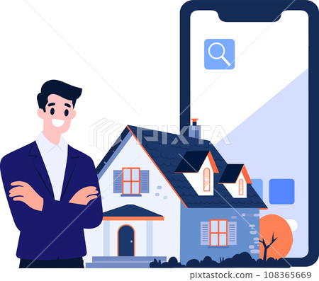Hand Drawn House broker character with smartphone In Concept Real Estate Online in flat style Hand Drawn House broker character with smartphone In Concept Real Estate Online in flat style 108365669