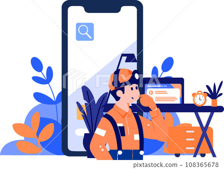 Hand Drawn Engineer or repairman character with smartphone in online repair concept in flat style Hand Drawn Engineer or repairman character with smartphone in online repair concept in flat style 108365678