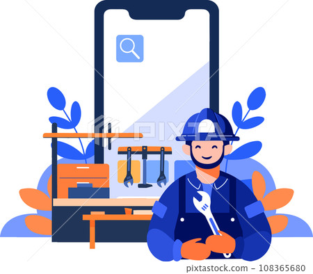 Hand Drawn Engineer or repairman character with smartphone in online repair concept in flat style 108365680